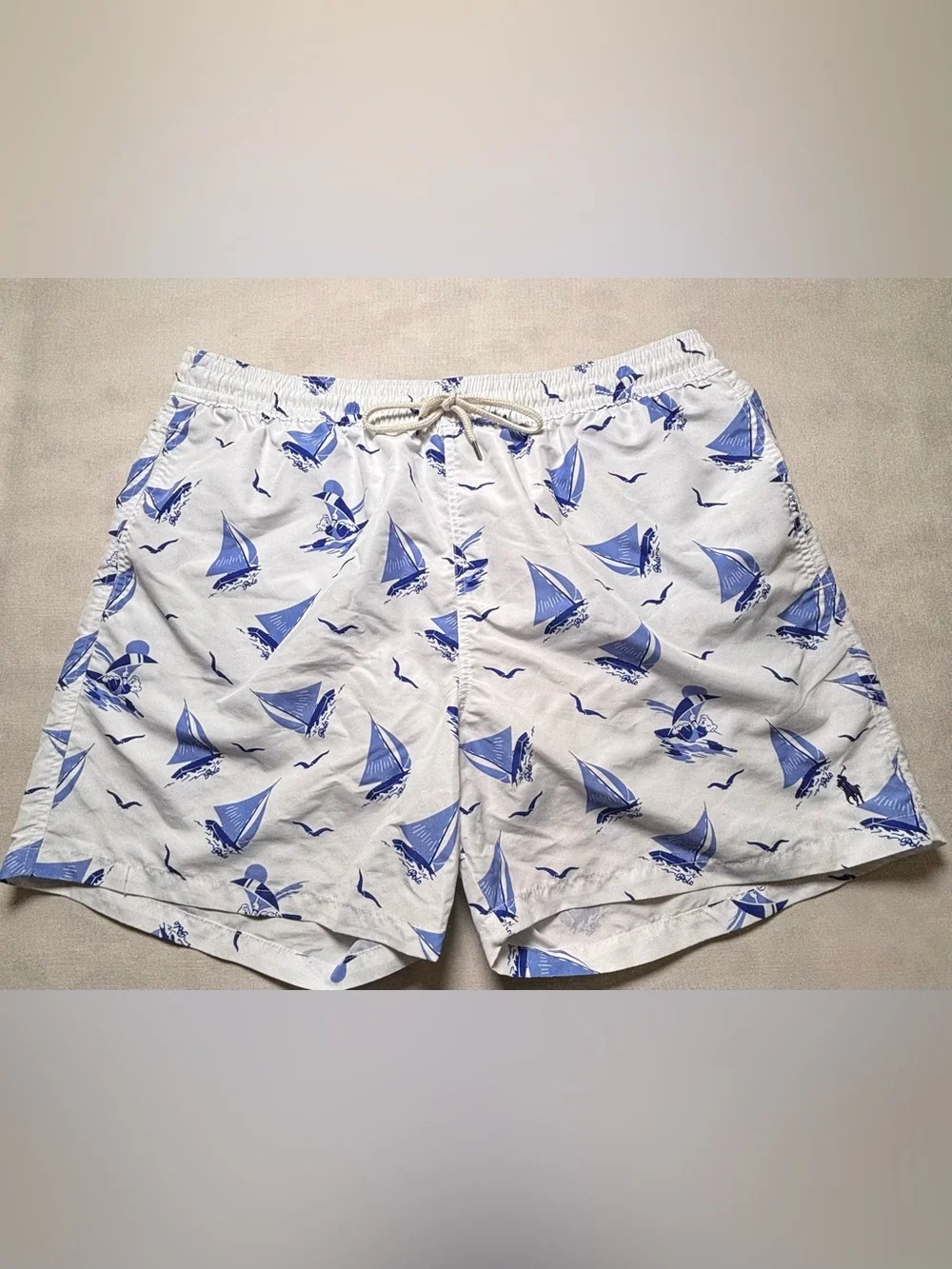 Polo Ralph Lauren Polo Bear Sailboat Swim Trunks XXL White Blue Nautical #408